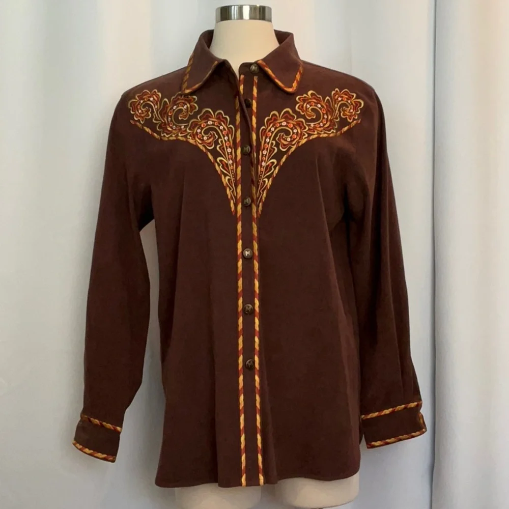 NWT Bob Mackie Wearable Art Embroidered Brown Long Sleeve Shirt Women Size L - Picture 1 of 10